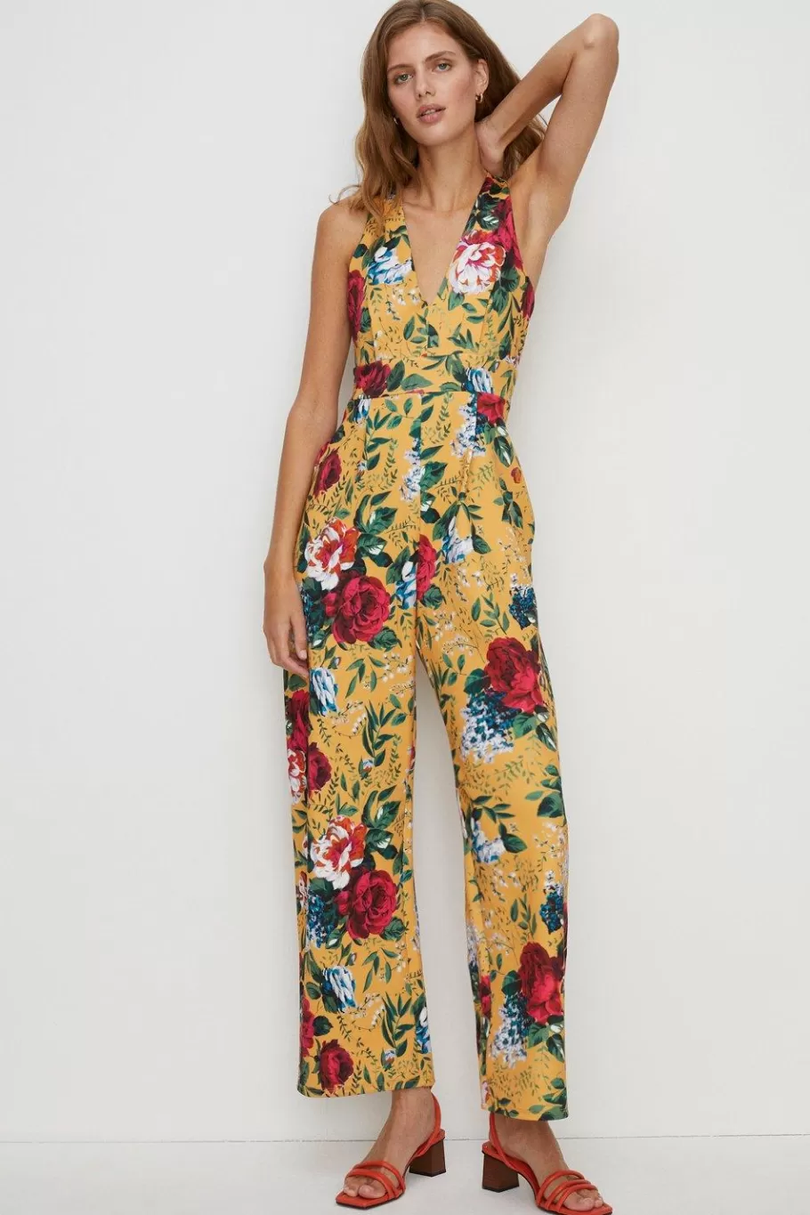 Oasis Rose Floral Scuba V Neck Jumpsuit Ochre Shop