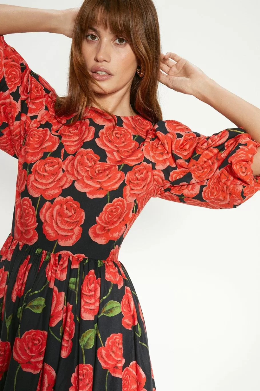 Oasis Rose Placement Puff Sleeve Midi Dress Red Shop