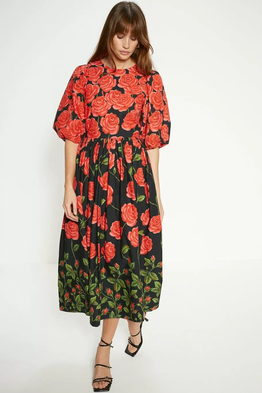 Oasis Rose Placement Puff Sleeve Midi Dress Red Shop