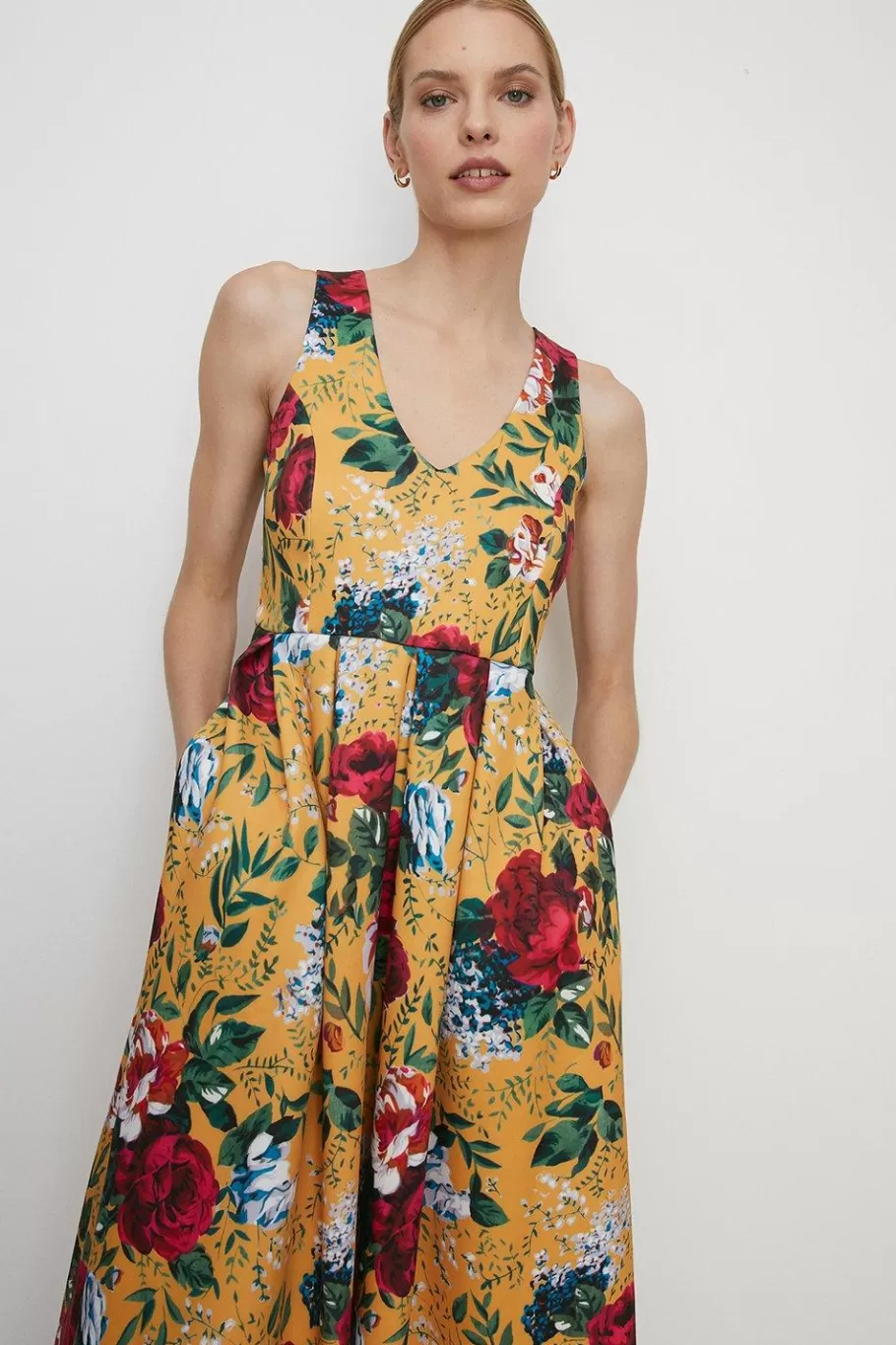 Oasis Rose Print Cross Back Scuba Midi Dress Ochre Discount