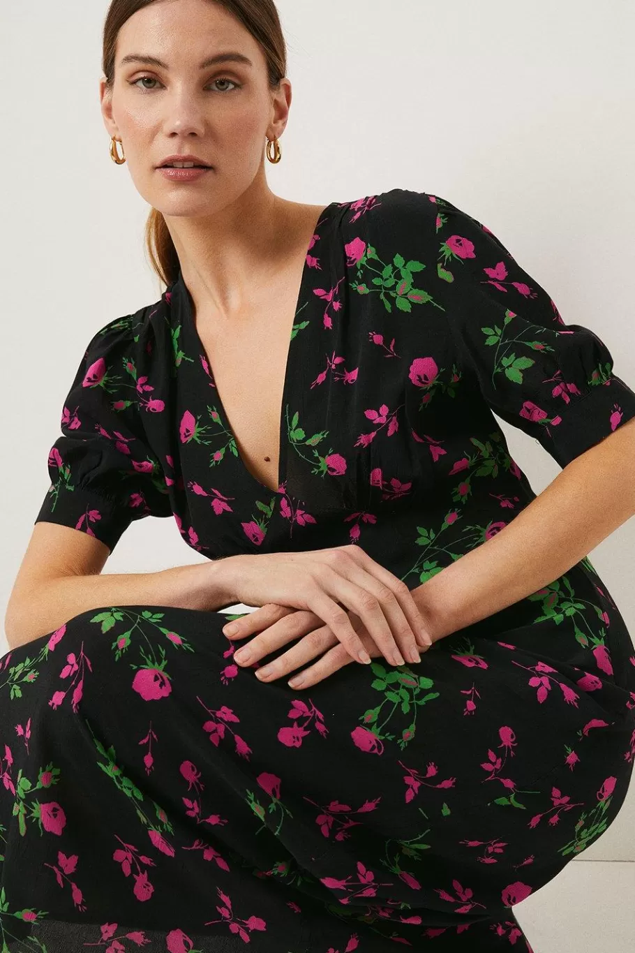 Oasis Rose Printed V Plunge Puff Sleeve Midi Dress Floral Fashion