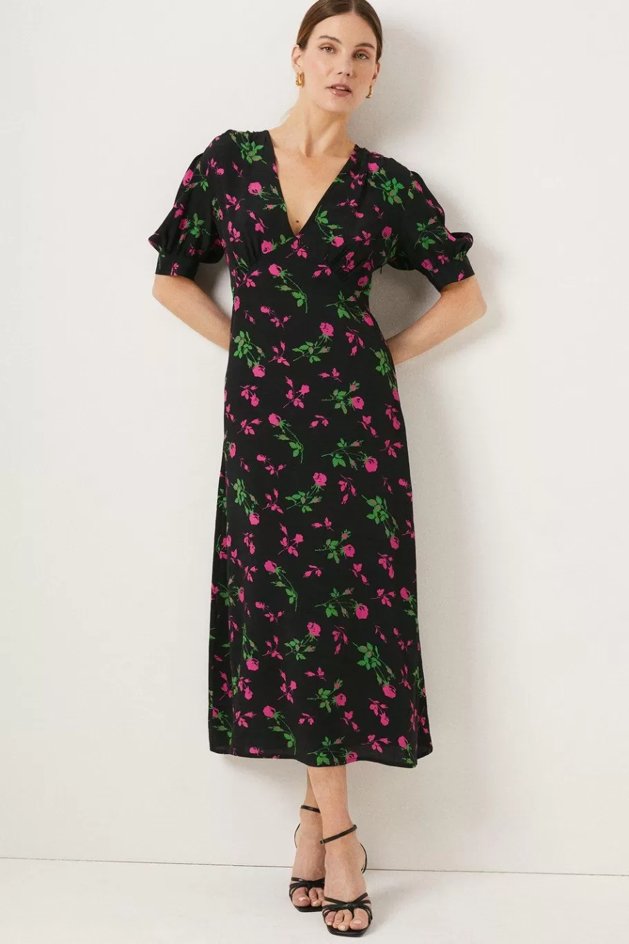 Oasis Rose Printed V Plunge Puff Sleeve Midi Dress Floral Fashion