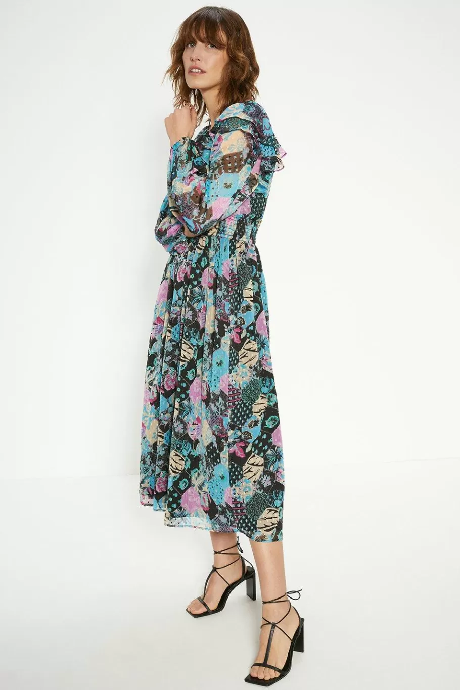 Oasis Ruched Front Dobby Floral Printed Midi Dress Multi Hot