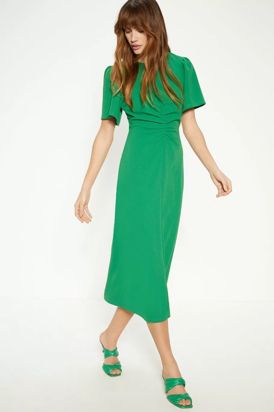 Oasis Ruched Front Jersey Crepe Midi Dress Green New