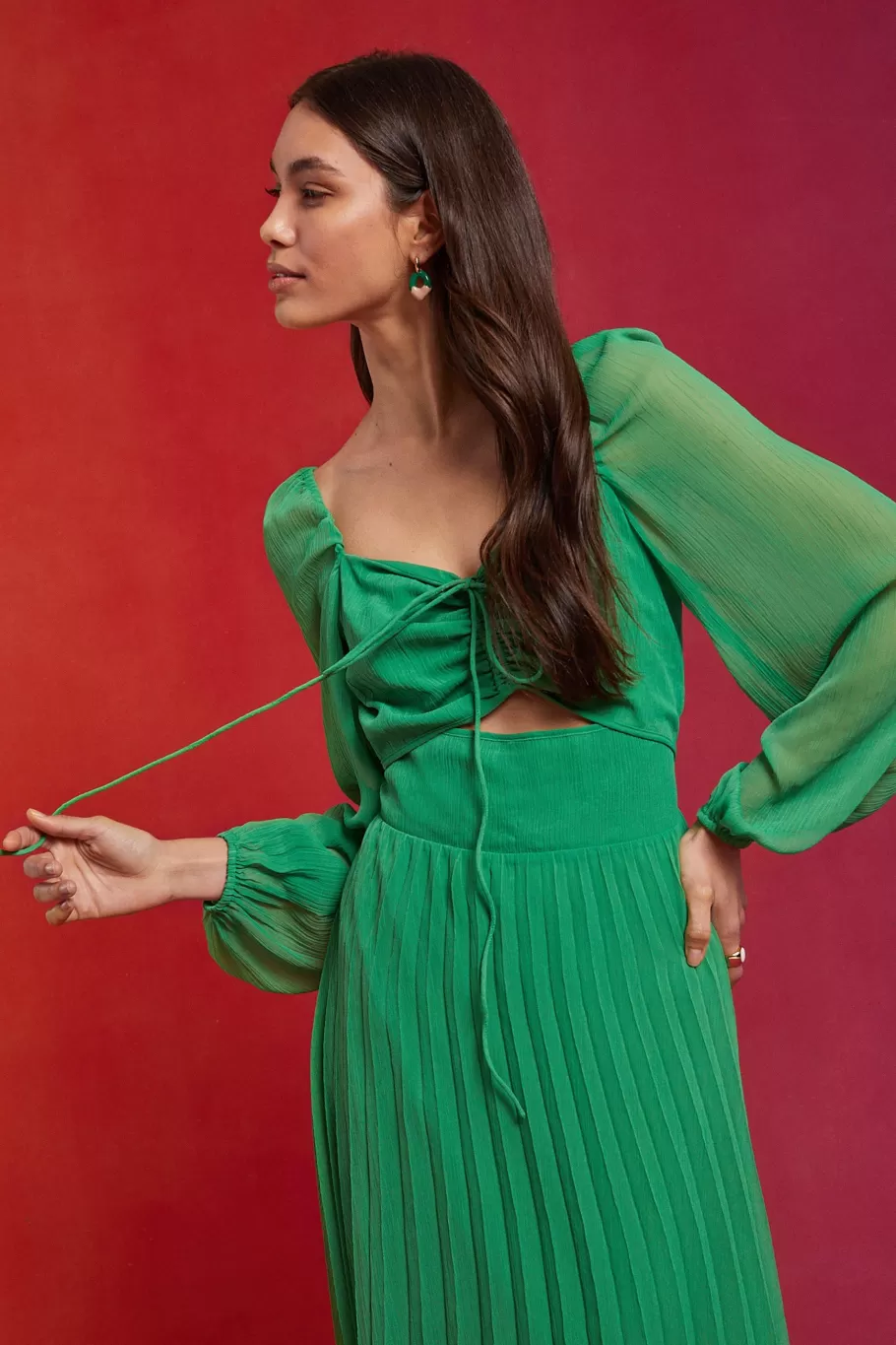 Oasis Ruched Front Pleated Chiffon Midi Dress Green Cheap