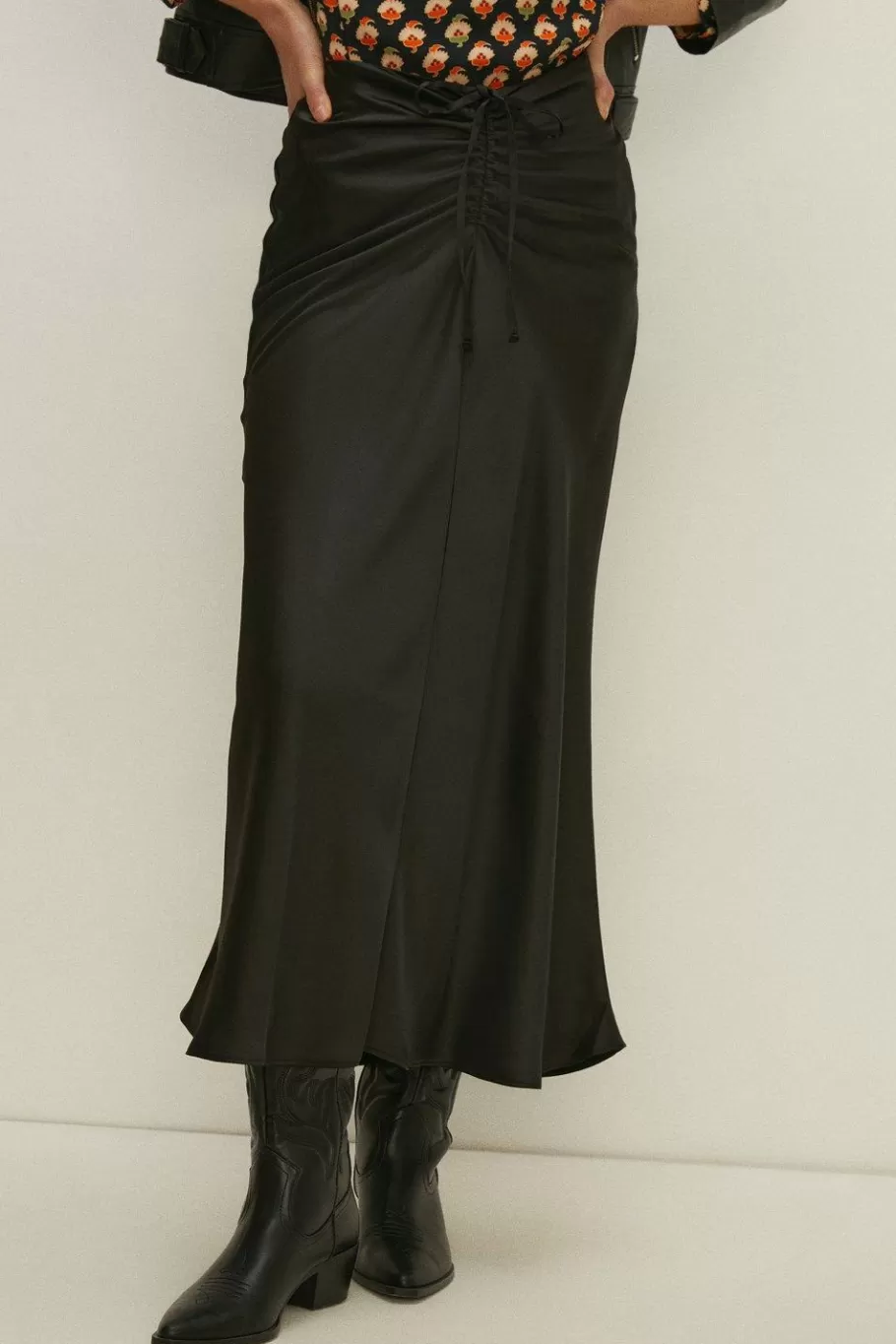 Oasis Ruched Front Satin Midi Skirt Black Shop