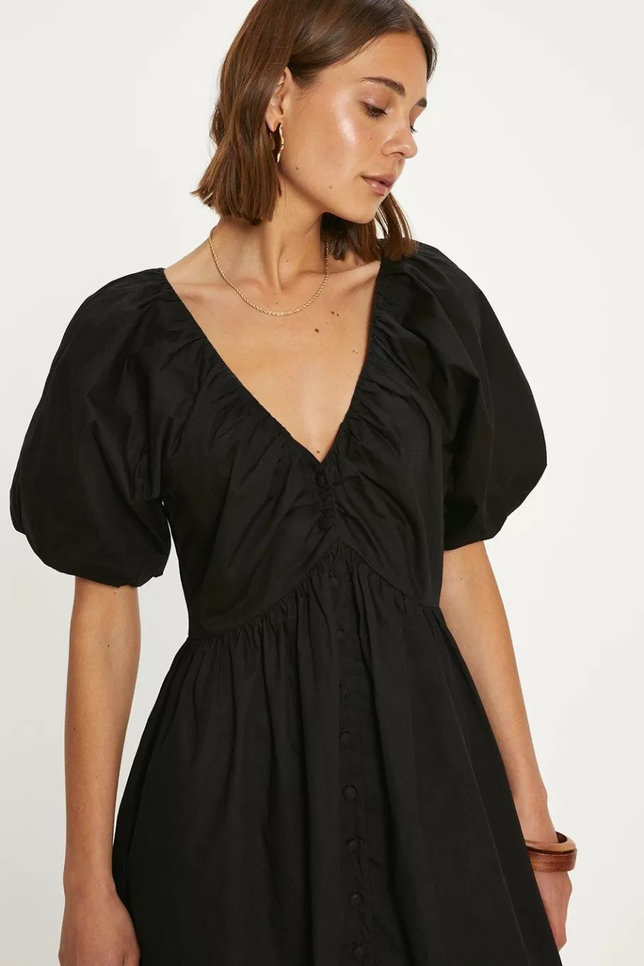 Oasis Ruched Neck Puff Sleeve Midi Dress Black Clearance