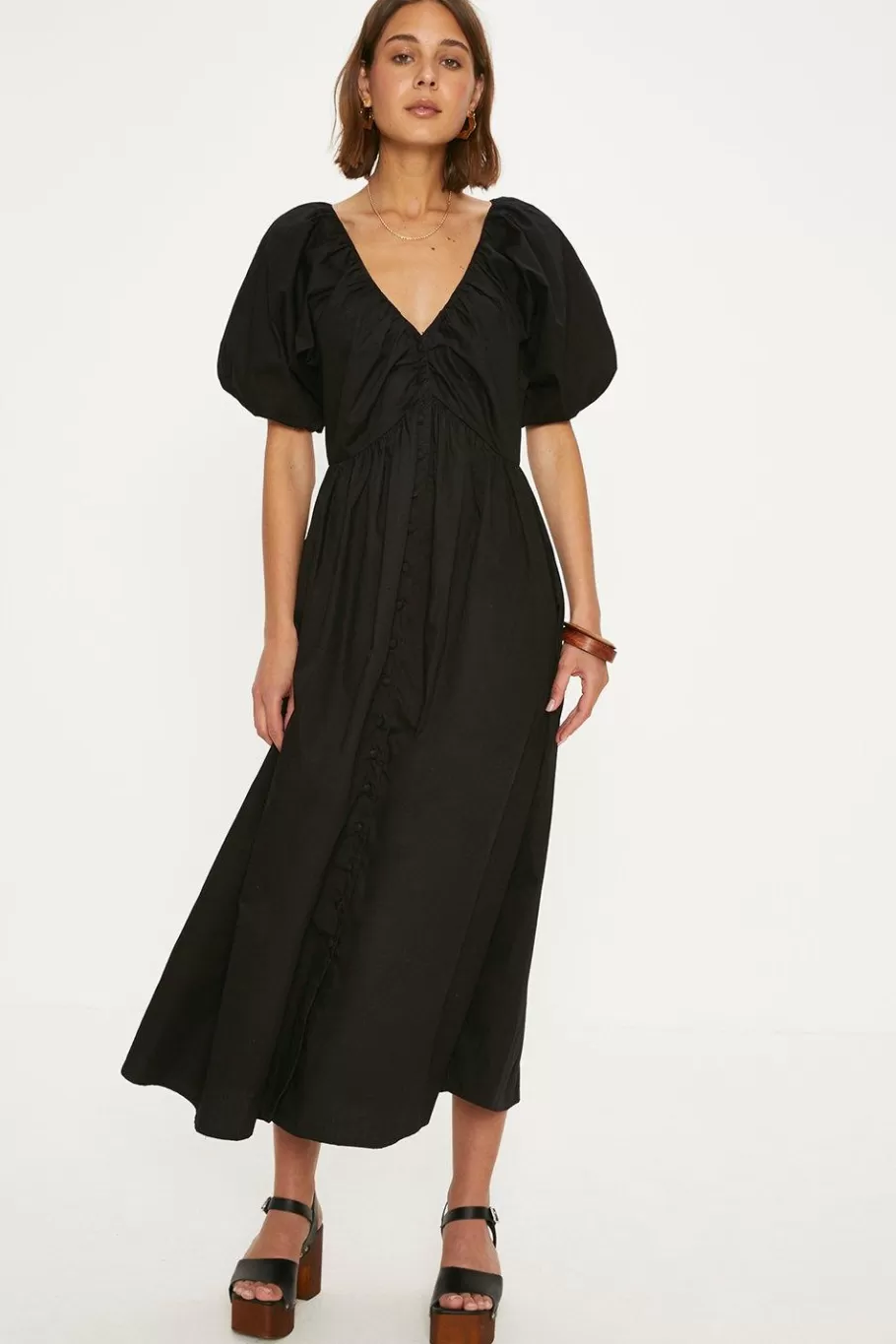 Oasis Ruched Neck Puff Sleeve Midi Dress Black Clearance