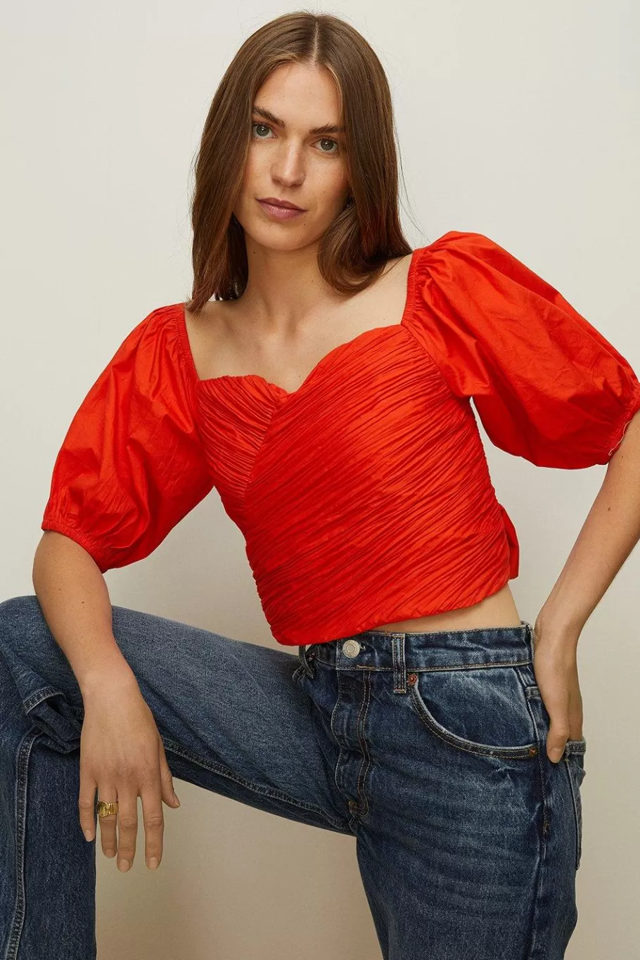 Oasis Ruched Wrap Front Puff Sleeve Top Red Best