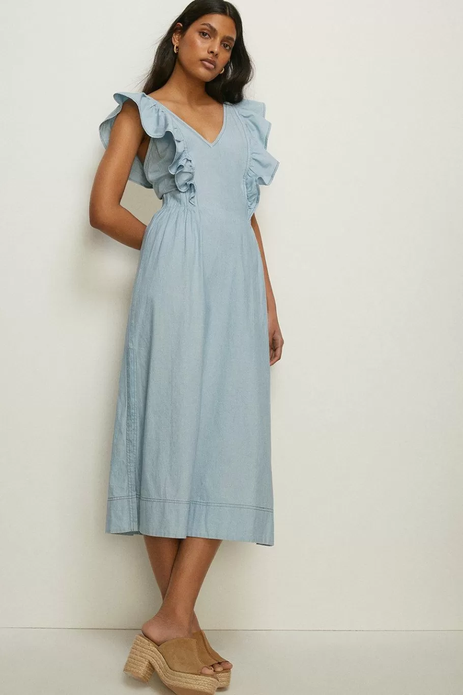 Oasis Ruffle Detail Midi Dress Denim Online