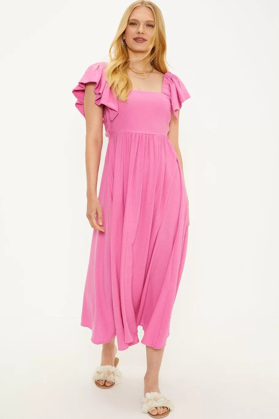 Oasis Ruffle Sleeve Tie Back Midi Dress Pink Online