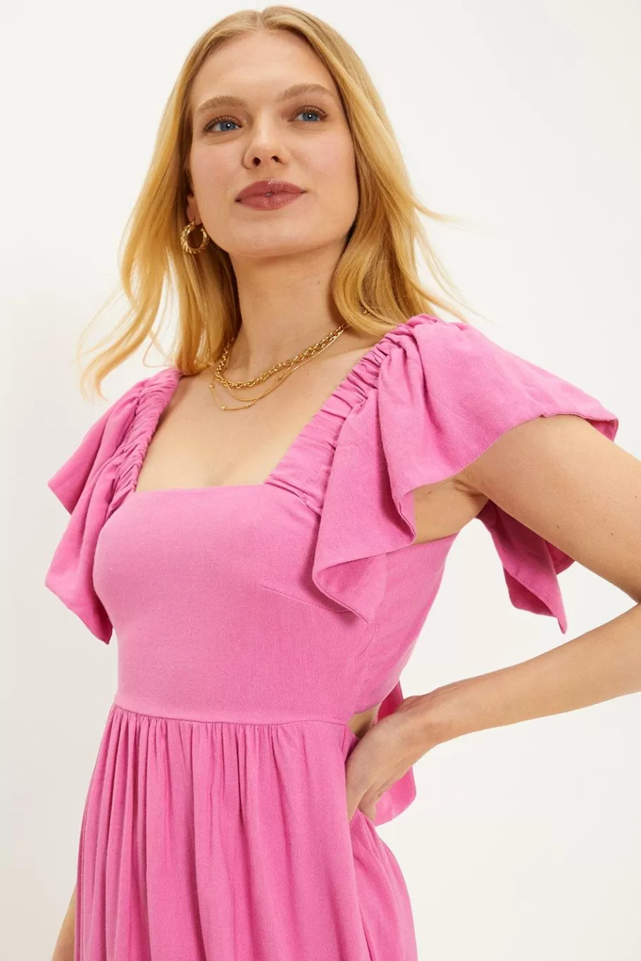 Oasis Ruffle Sleeve Tie Back Midi Dress Pink Online