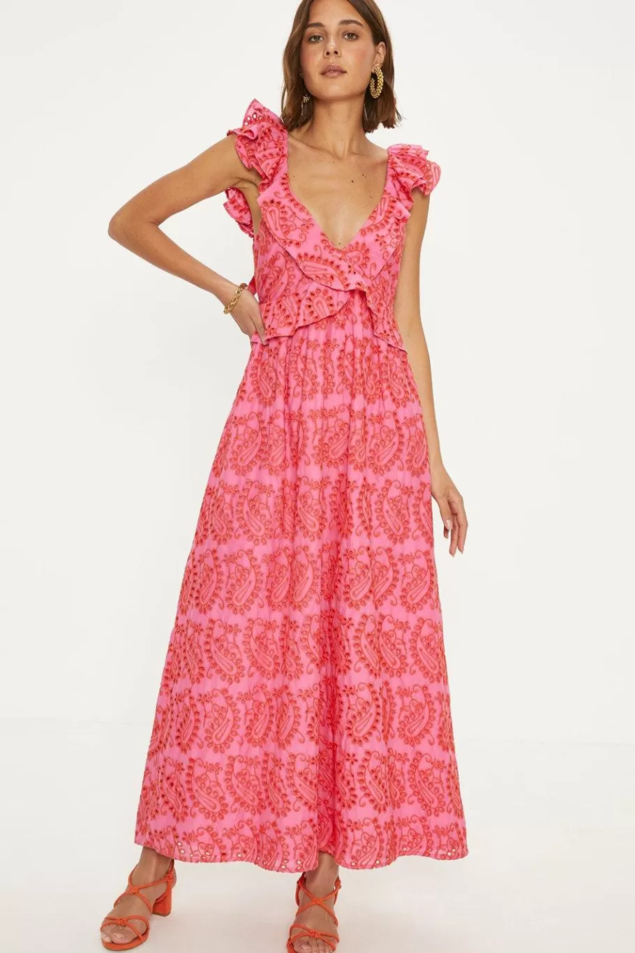 Oasis Ruffle Strap Tie Back Broderie Dress Pink Cheap