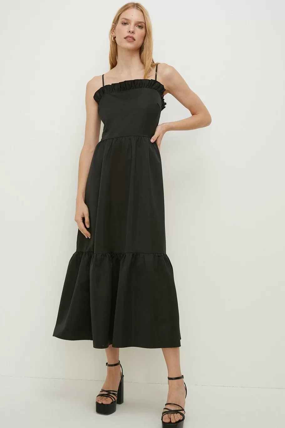 Oasis Ruffle Structured Satin Strappy Midi Dress Black Discount