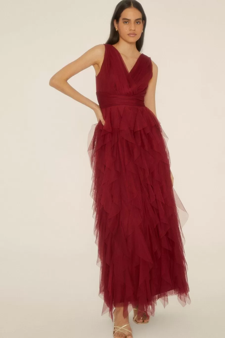 Oasis Ruffle V Plunge Tulle Maxi Dress Berry Discount