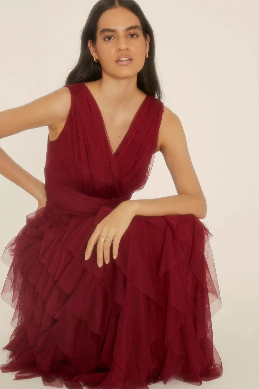 Oasis Ruffle V Plunge Tulle Maxi Dress Berry Discount