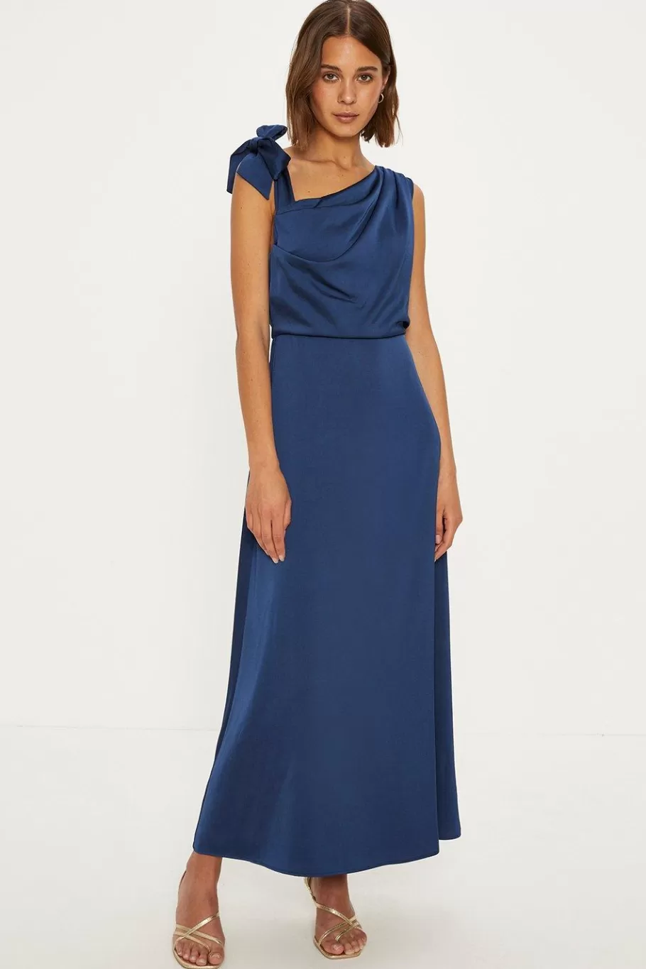 Oasis Satin Asymmetric Bow Shoulder Midi Dress Navy Cheap