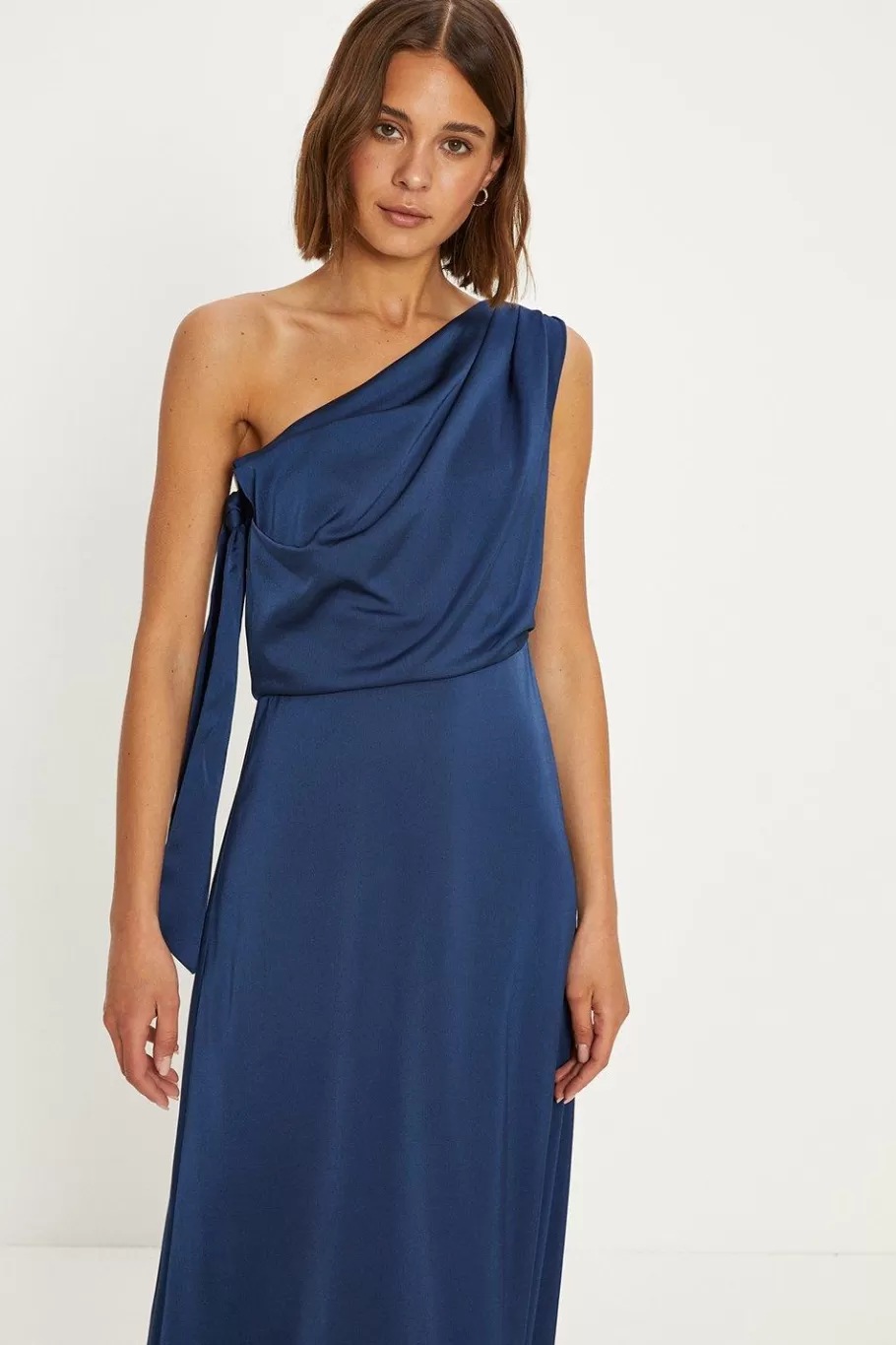 Oasis Satin Asymmetric Bow Shoulder Midi Dress Navy Cheap