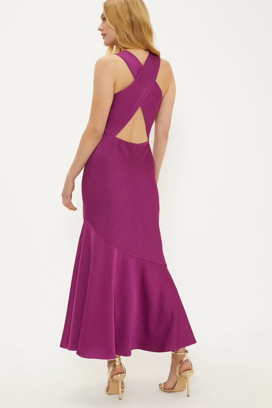 Oasis Satin Asymmetric Cowl Neck Midi Dress Purple Hot