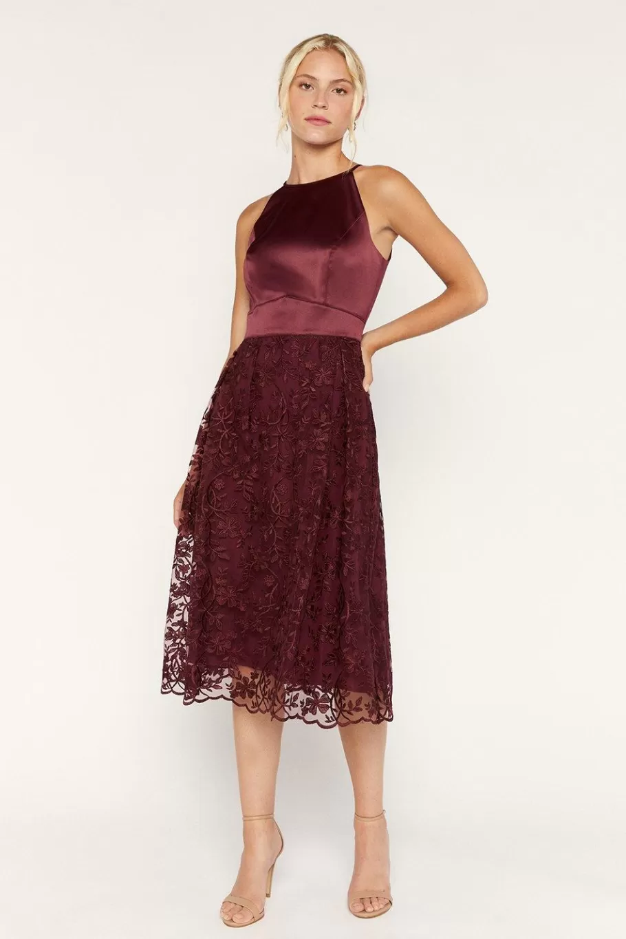 Oasis Satin Bodice Organza Midi Dress Burgundy Outlet