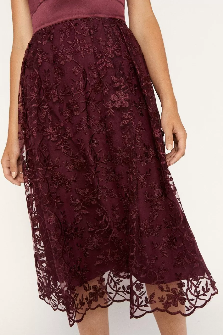 Oasis Satin Bodice Organza Midi Dress Burgundy Outlet