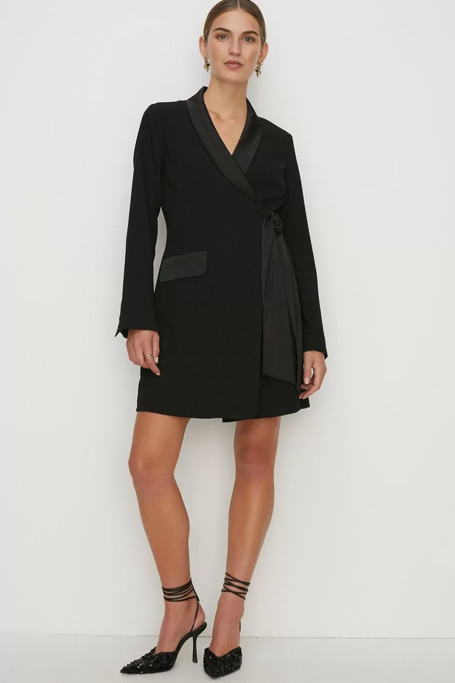 Oasis Satin Collar Wrap Crepe Blazer Dress Black Hot