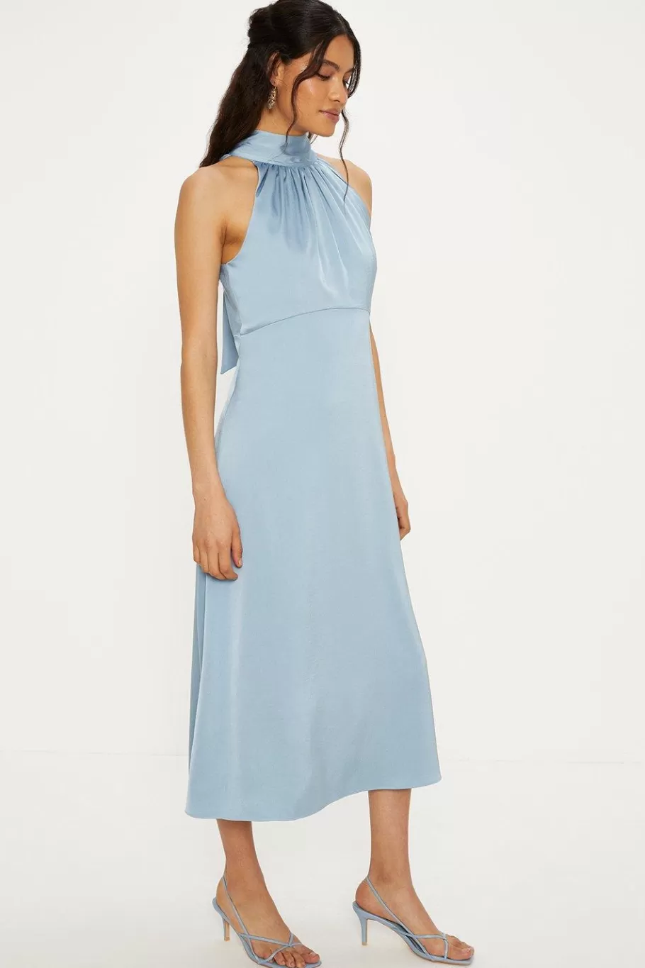 Oasis Satin Halter Neck Midi Dress Blue Clearance