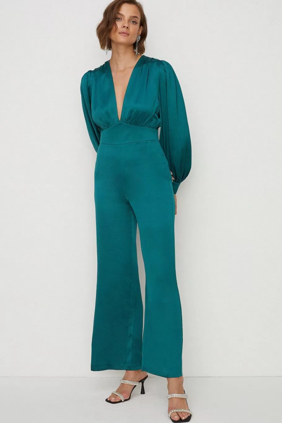 Oasis Satin Plunge Neck Balloon Sleeve Jumpsuit Emerald Outlet