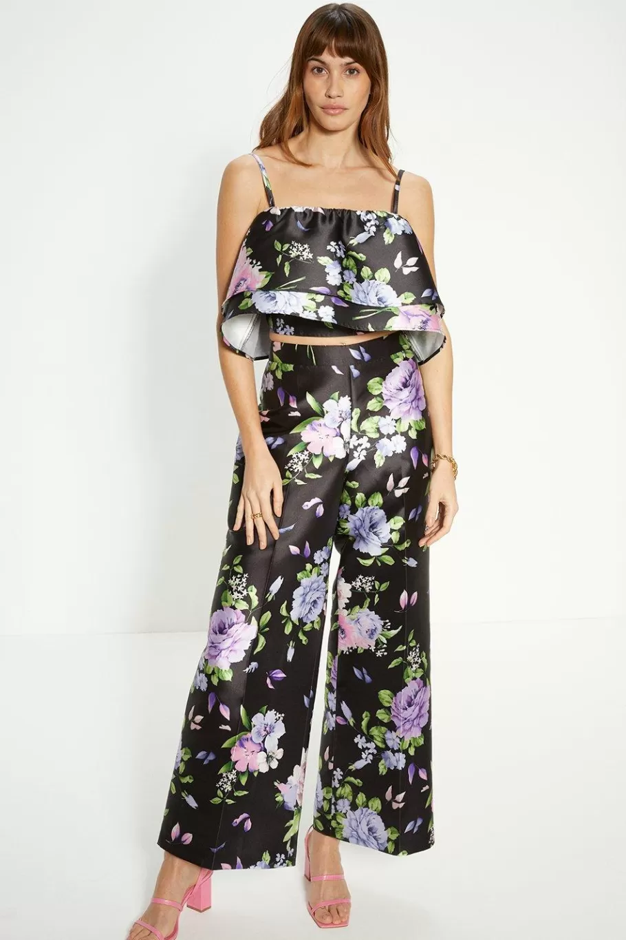 Oasis Satin Twill Floral Wide Leg Trouser Black Fashion