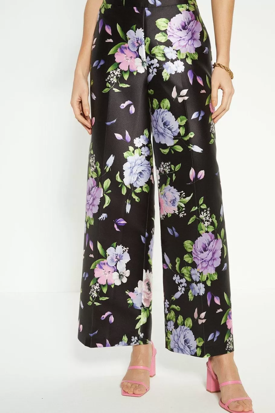 Oasis Satin Twill Floral Wide Leg Trouser Black Fashion