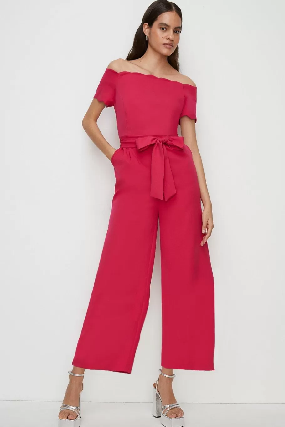 Oasis Scallop Belted Bardot Jumpsuit Pink Clearance