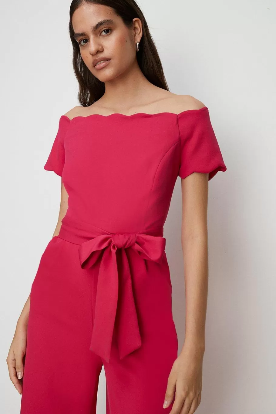 Oasis Scallop Belted Bardot Jumpsuit Pink Clearance