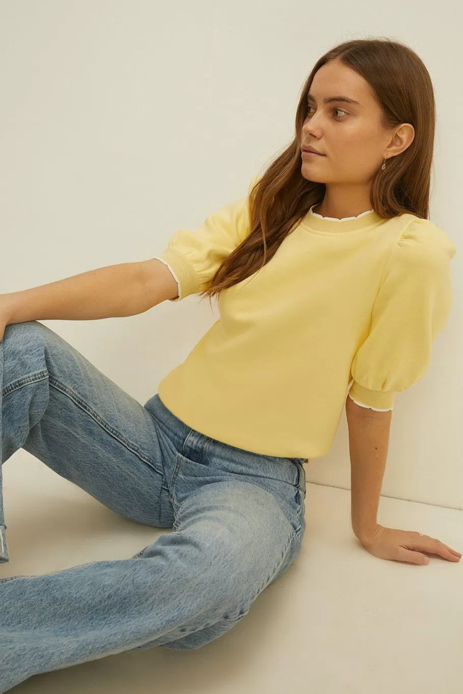 Oasis Scallop Edge Puff Sleeve Sweatshirt Lemon Store