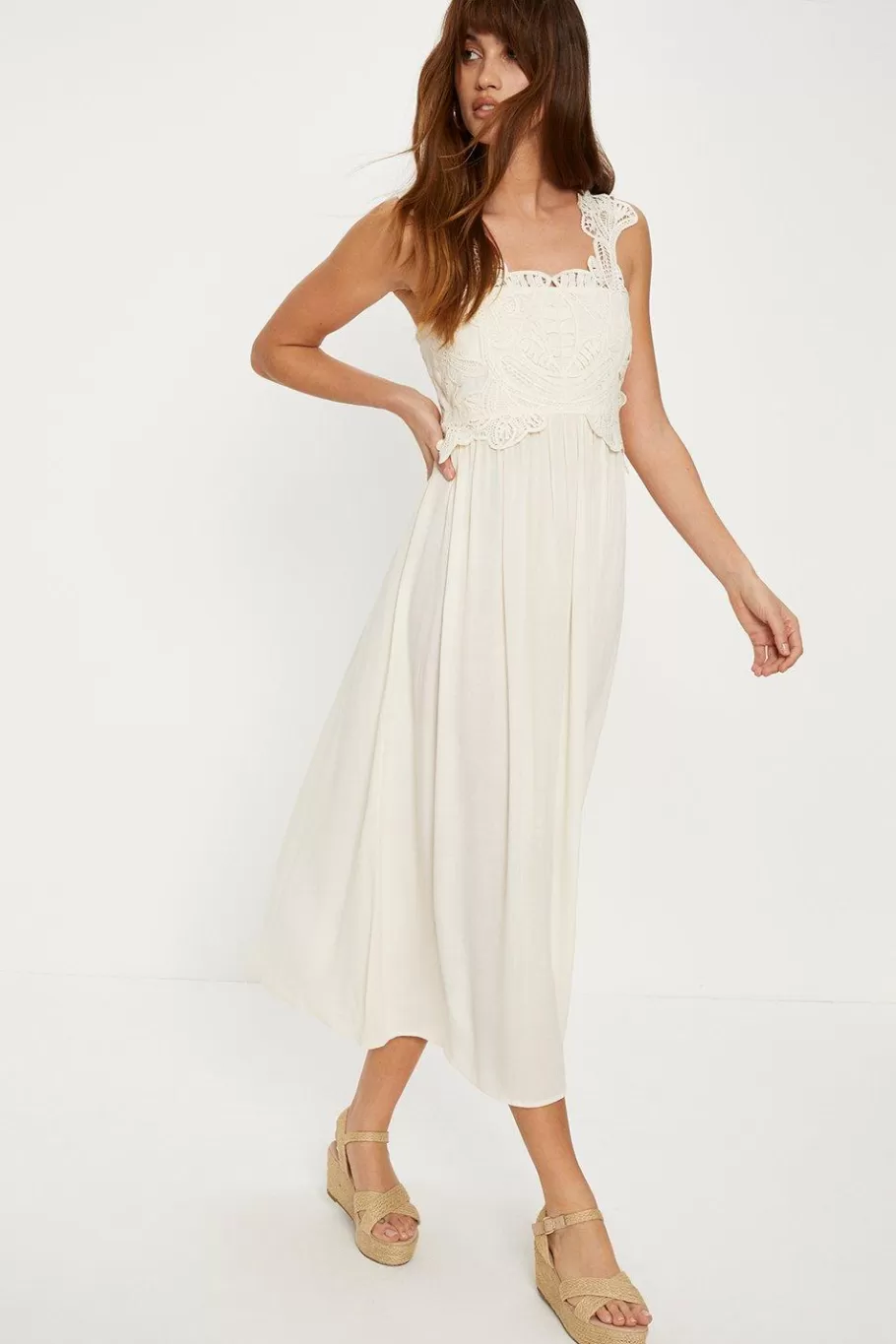 Oasis Scallop Lace Bodice Strappy Midi Dress Cream Discount