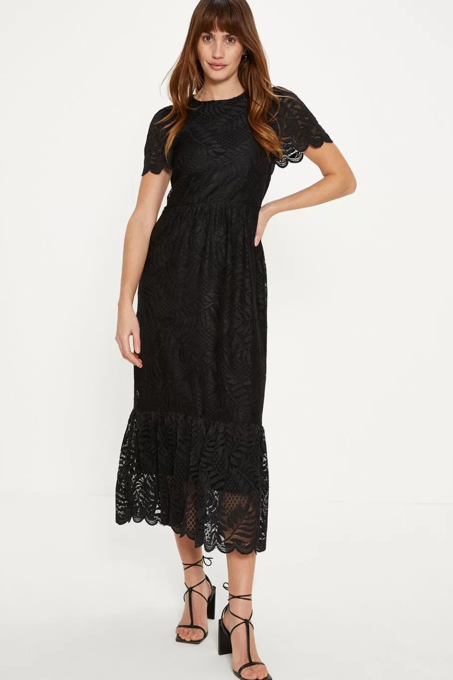 Oasis Scallop Lace Full Skirted Angel Sleeve Midi Dress Black New