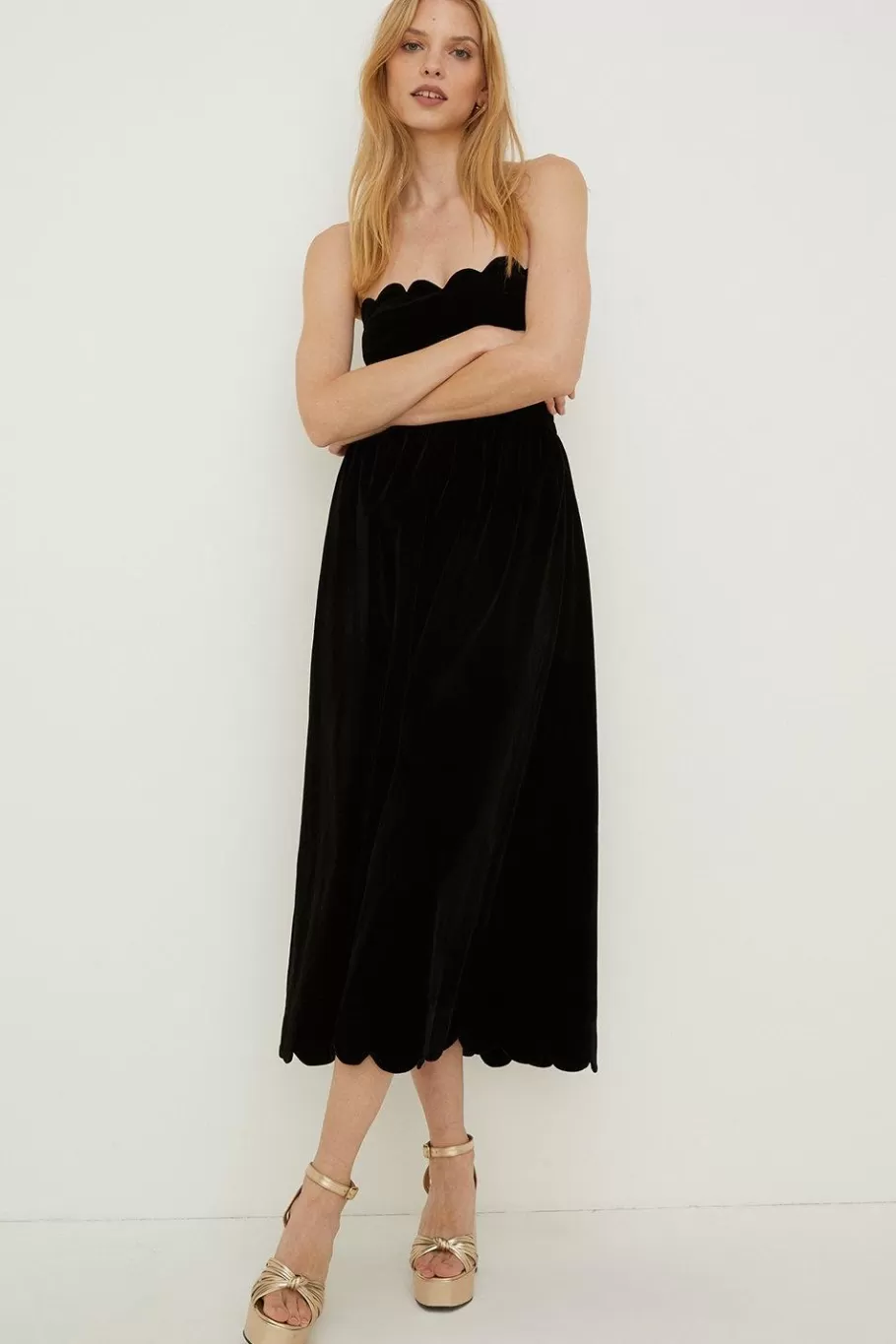 Oasis Scalloped Velvet Midi Dress Black Flash Sale