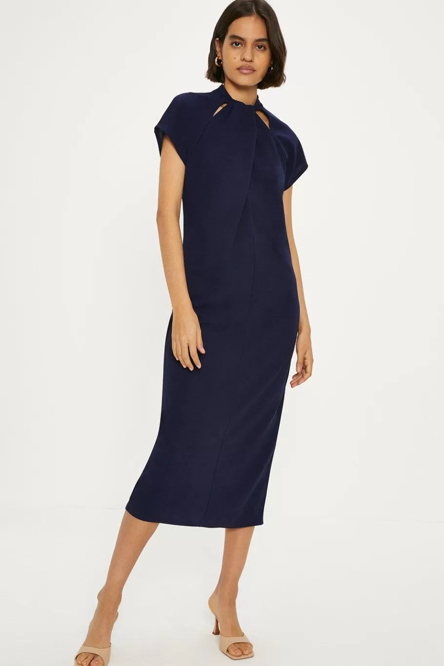 Oasis Scuba Crepe Twist Neck Dress Navy New