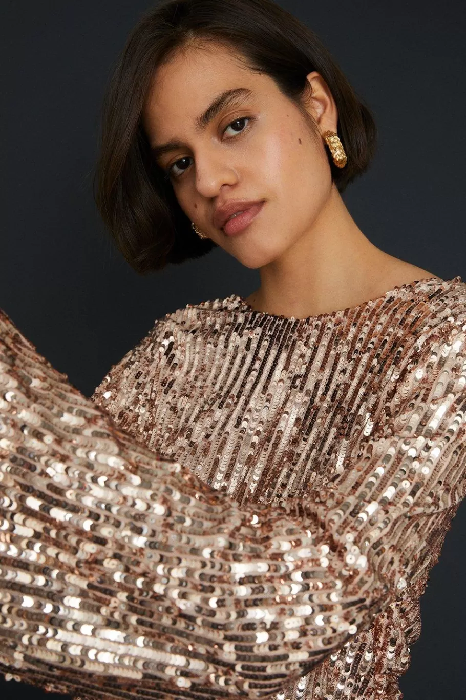 Oasis Sequin Blouson Wrap Back Mini Dress Rose Gold Discount