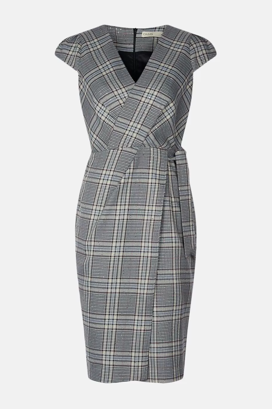 Oasis Sequin Check Cap Sleeve Wrap Dress Grey Fashion