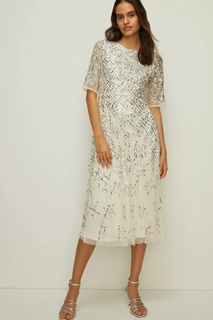 Oasis Sequin Criss Cross Midi Occasion Dress Cream Fashion