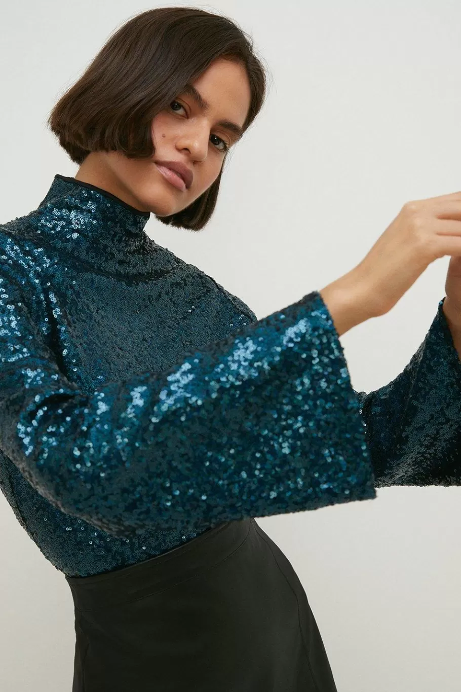 Oasis Sequin Funnel Neck Flared Sleeve Top Multi Shop