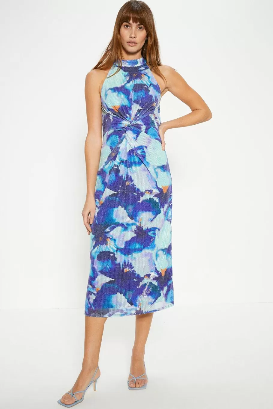 Oasis Sequin Knot Front Midi Dress Blue Clearance