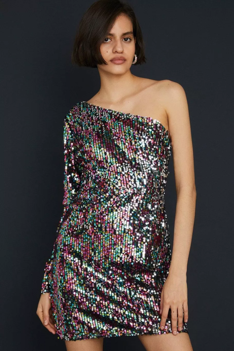 Oasis Sequin One Sleeve Mini Dress Multi Cheap