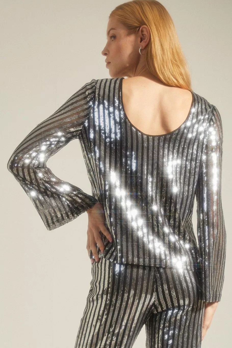 Oasis Sequin Stripe Scoop Back Top Silver Hot