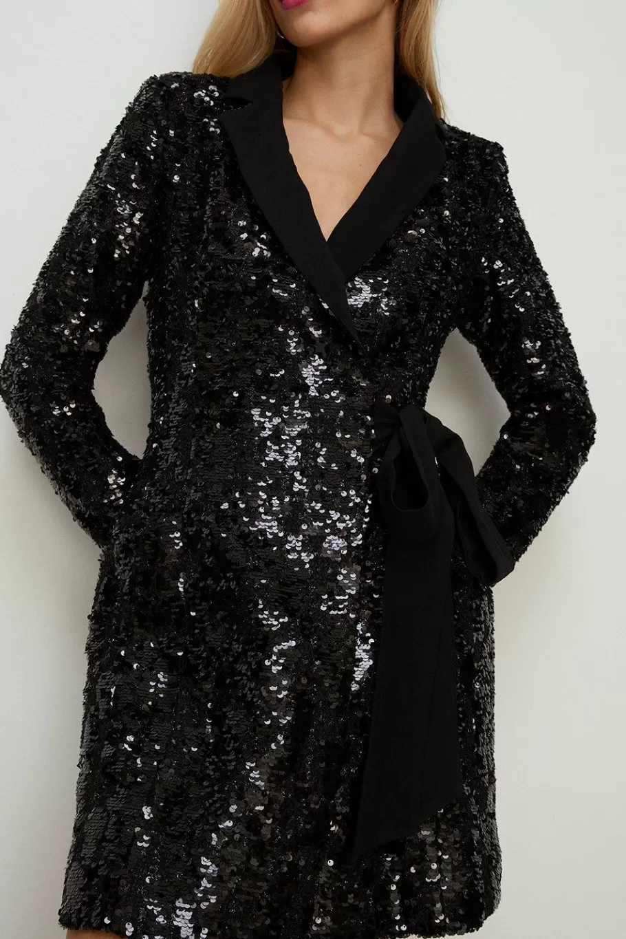 Oasis Sequin Tweed Belted Tuxedo Dress Black Fashion