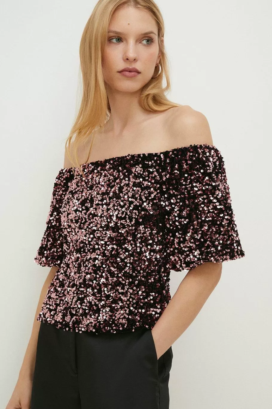 Oasis Sequin Velvet Bardot Top Pink Discount