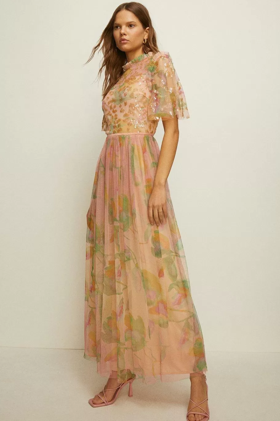 Oasis Sequin Watercolour Mesh Maxi Dress Apricot Online