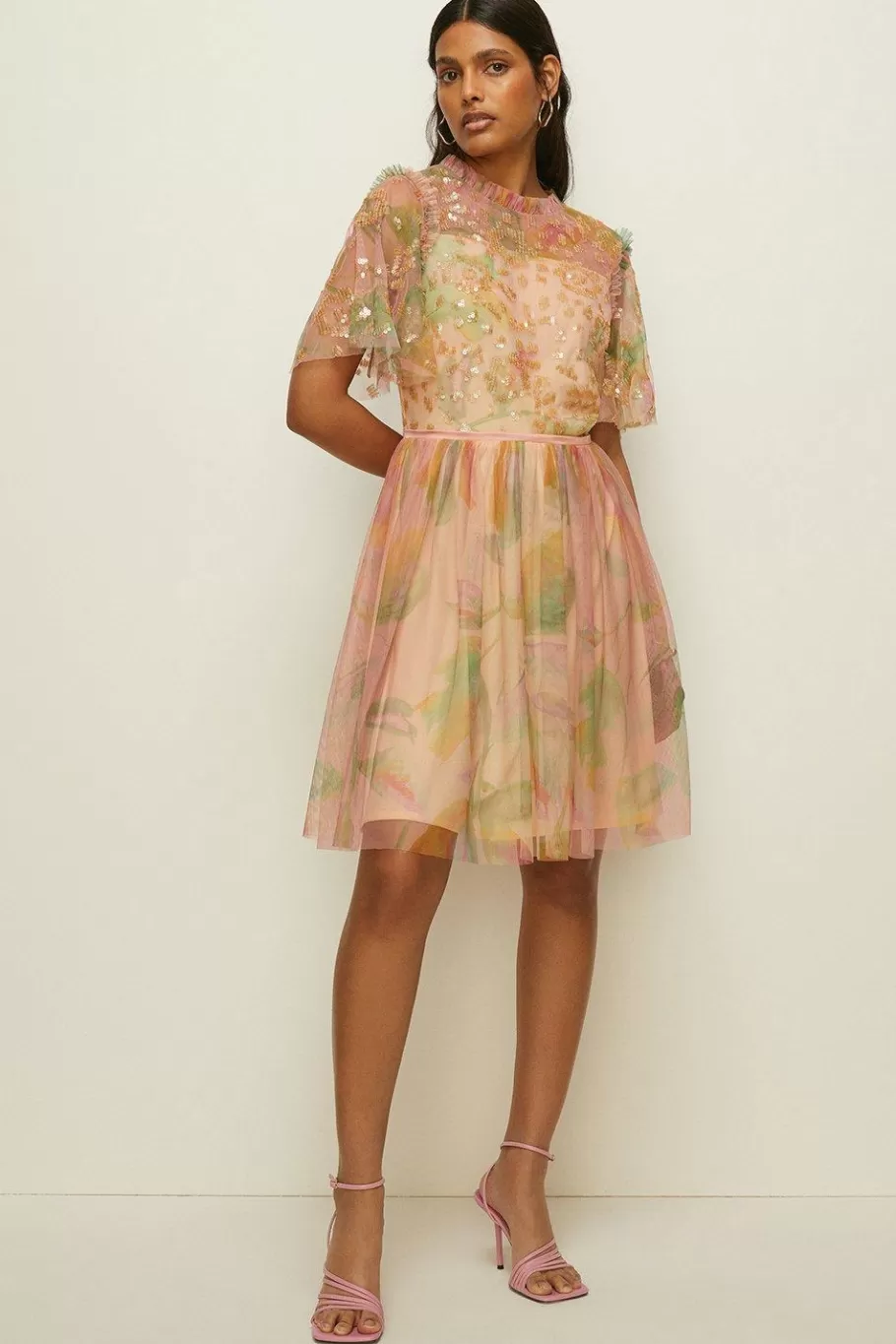 Oasis Sequin Watercolour Mesh Skater Dress Apricot Online