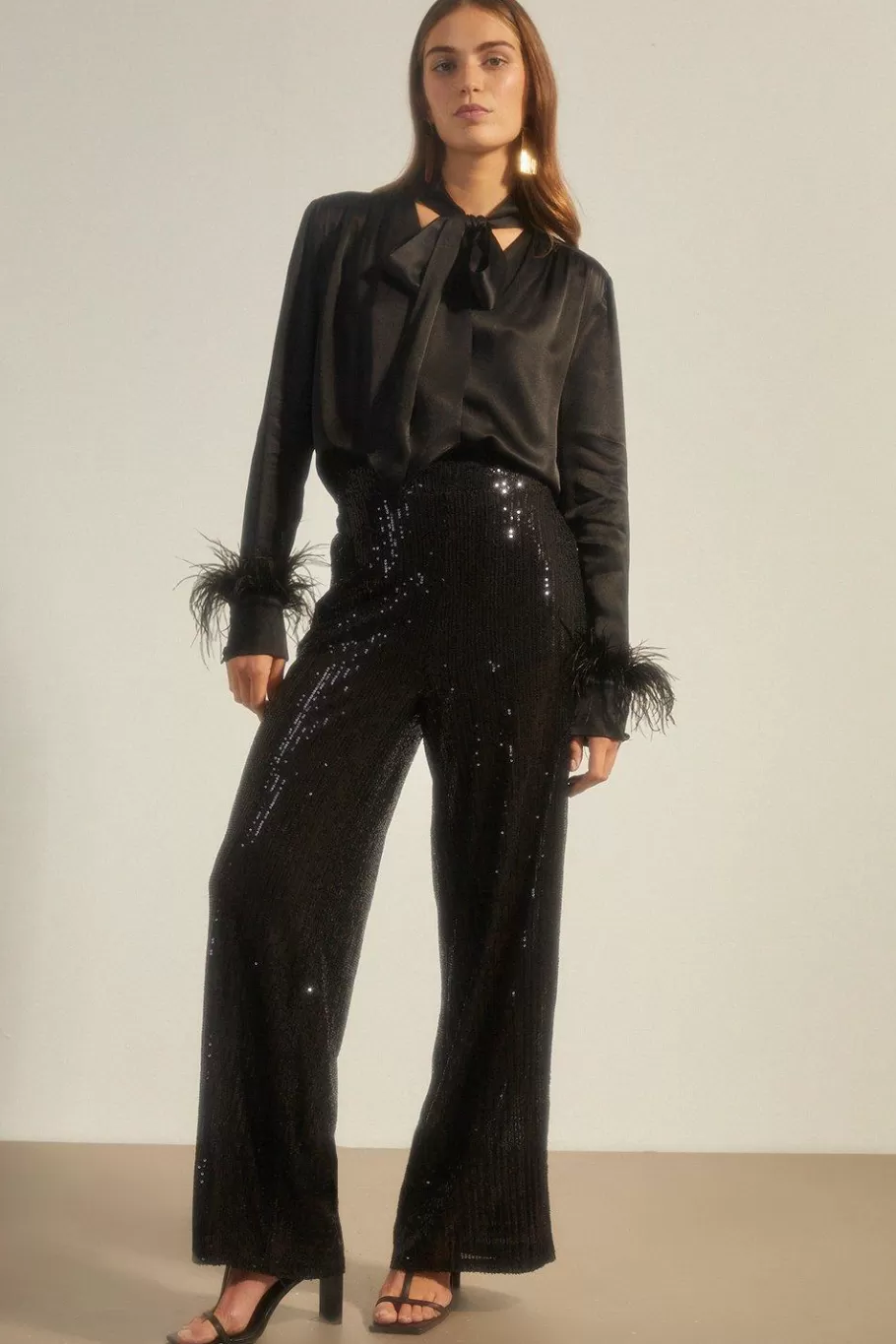 Oasis Sequin Wide Leg Trouser Black New