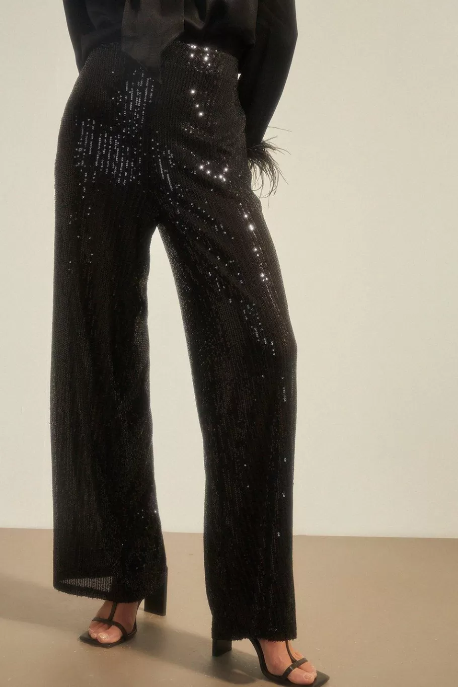 Oasis Sequin Wide Leg Trouser Black New